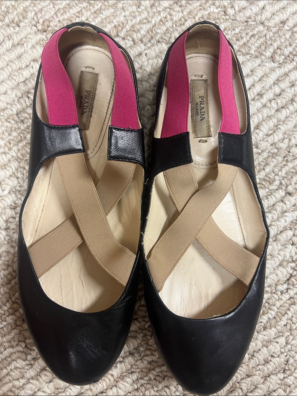 Vintage Prada Black Leather Ballet Flats with Pink  and Tan Elastic Straps